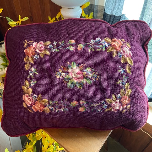 Vintage Victorian needlepoint floral pillow roses with velvet back